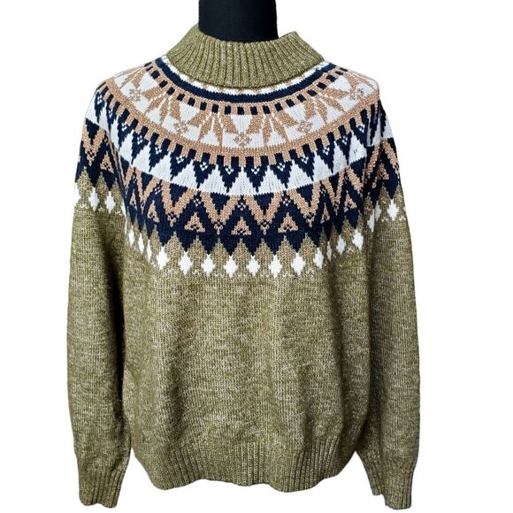 TOMMY HILFIGER Metallic Ribbed Trim Fair Isle Pattern Pullover Sweater Size L - Picture 2 of 7